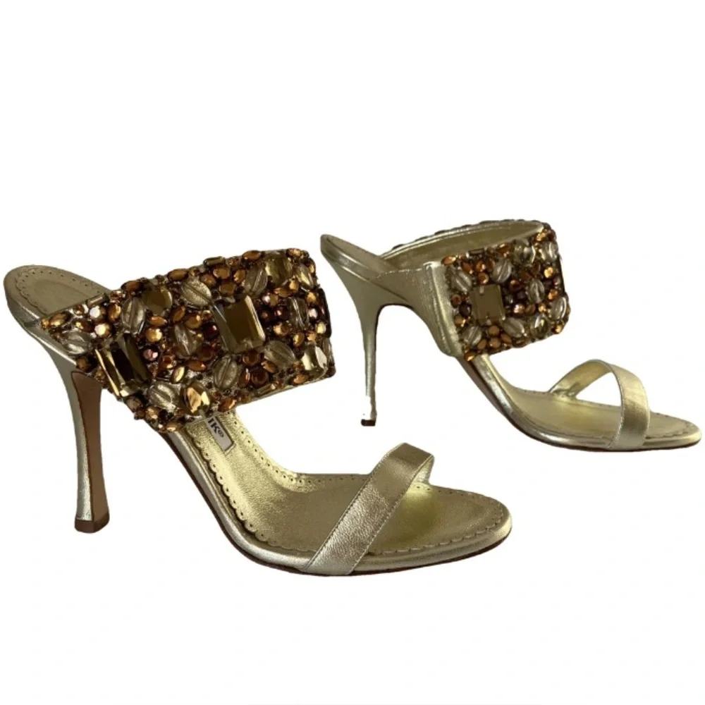 Manolo Blahnik DOGE 115 Jeweled Gold Mule Heeled Sandals size EU 36 US 5.5